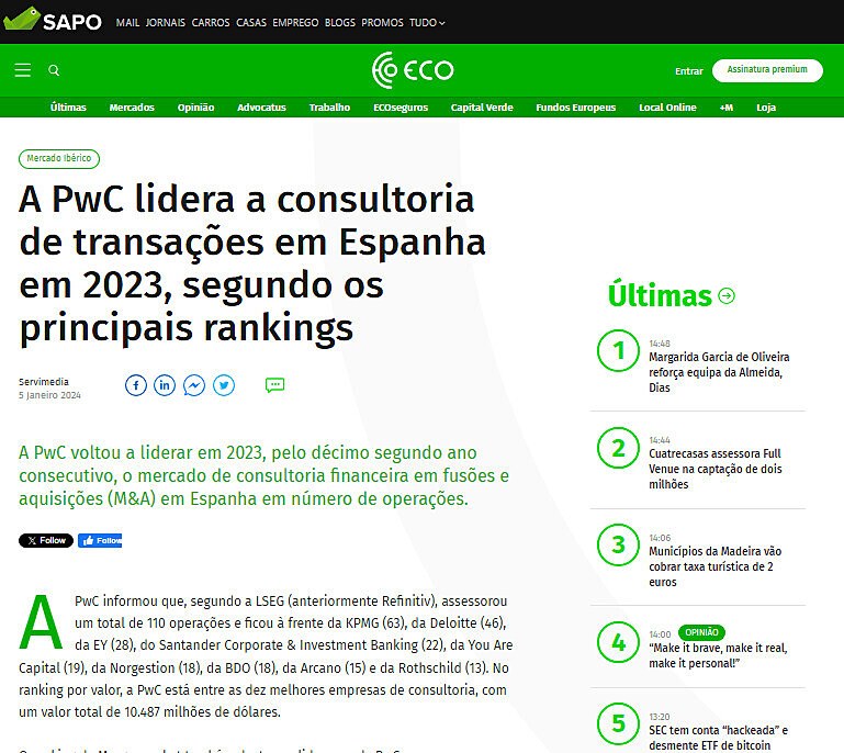 A PwC lidera a consultoria de transaes em Espanha em 2023, segundo os principais rankings